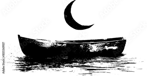Rustic stencil illustration of a little boat under crescent moon in black and white