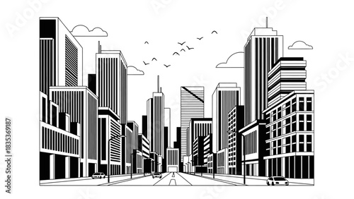 Black and white line art illustration of a modern city street with tall buildings, cars, and birds flying in the sky.