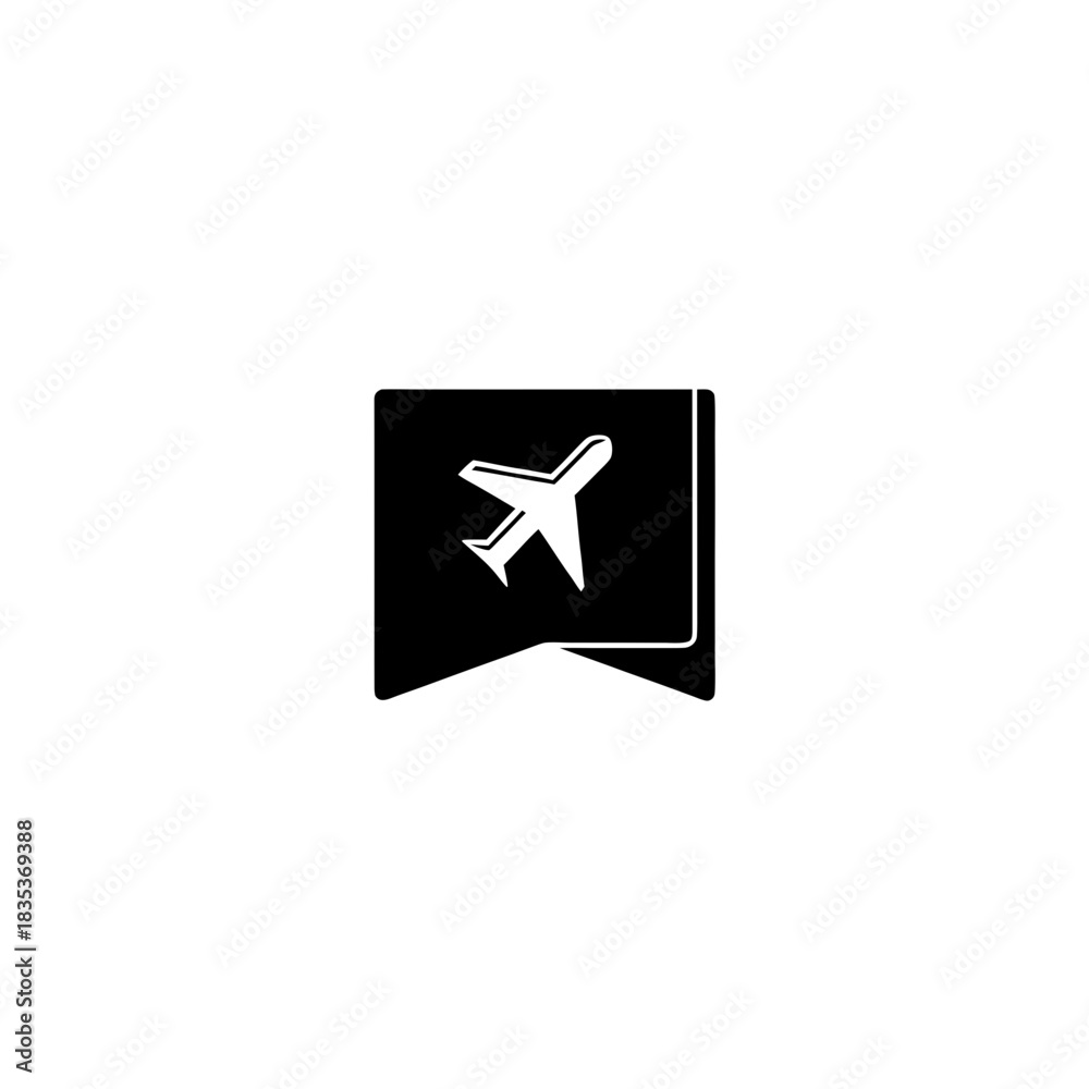 Fototapeta premium Airplane icon inside a black square with a folded corner and a ribbon underneath the square on transparent background