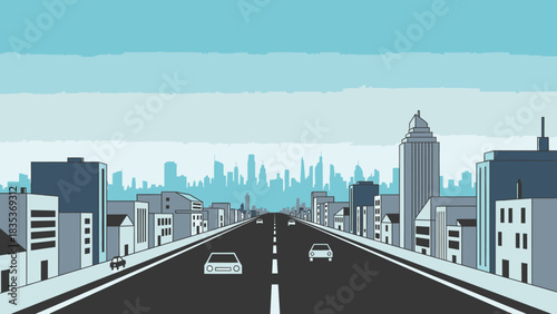 A long straight road with cars driving through a city with a distant skyline under a blue sky, in a flat illustrative style.