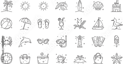 Summer Vacation Icons Set in Outline Style Beach Holiday Vector Illustration for Graphic Design and Web Design
