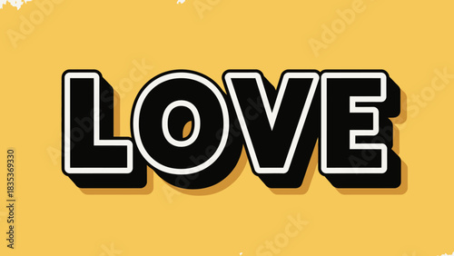 The word LOVE in bold 3D typography with a white outline against a yellow background.