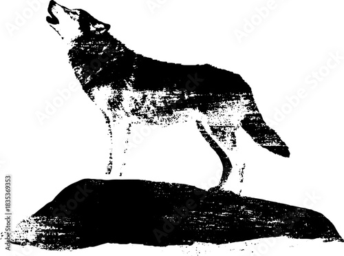 Majestic lone wolf standing on rock black and white stencil art design