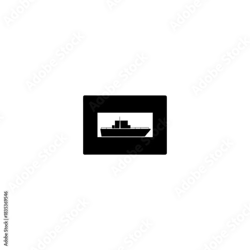 Silhouette of a ship inside a rectangular frame with a white background creating contrast effect on transparent background