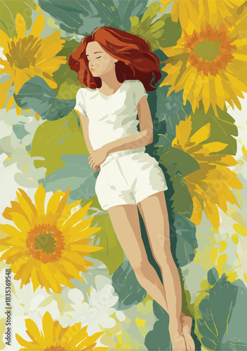 Red haired girl lying among sunflowers vintage matisse style