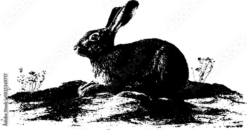 Black and white stencil art of a crouching mountain hare in nature scene