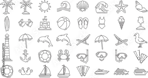 Summer vacation related symbols and icons in line art style representing a tropical beach getaway and seaside activities