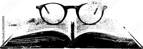 Grunge black and white stencil of reading glasses on open book for literary art