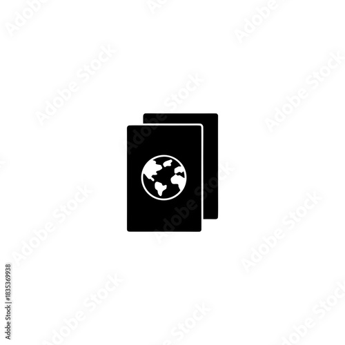 Two black passports are stacked with a globe symbol on the cover of the front passport item on transparent background