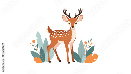 A cute cartoon deer with white spots stands among stylized green and orange foliage and flowers.