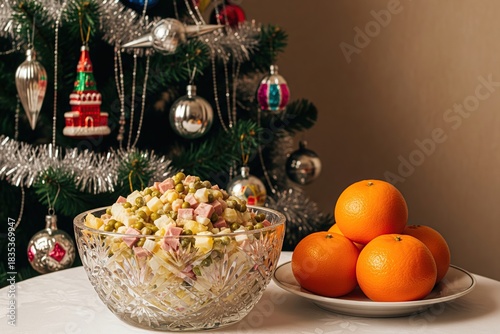 A classic Soviet New Year's table setting with Olivier salad and tangerines, framed by a vintage Christmas tree decorated with ornaments and tinsel