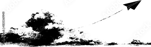 Black and white paper plane in flight with grunge cloud backdrop design for creative art projects