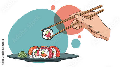 Hand holding sushi roll with chopsticks over a plate of sushi and wasabi.