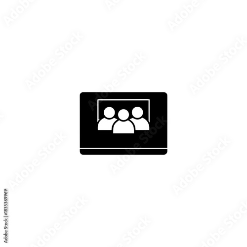 Illustration of a black laptop screen displaying a group of three people in a conference call on transparent background