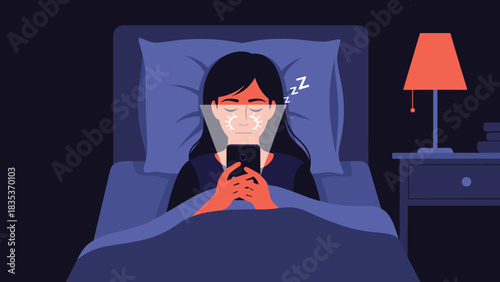 Woman in bed at night using a smartphone, illuminated by screen glow, with sleep symbols above her head.