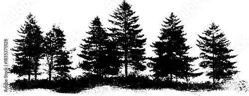 Monochrome stencil of pine forest silhouette for nature art and designs
