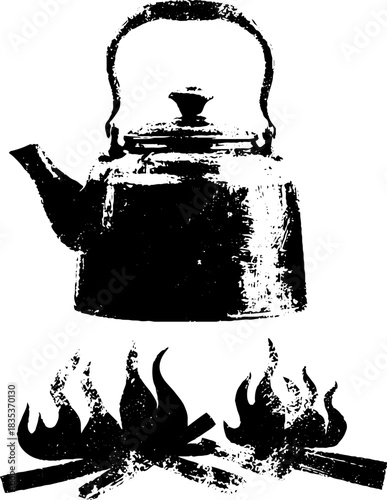 Rustic black and white stencil of enamel kettle with campfire illustration for vintage design