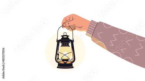 Hand holding a glowing lantern in a soft yellow circle against a white background.