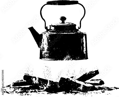 Black and white stencil art of enamel kettle over burning logs