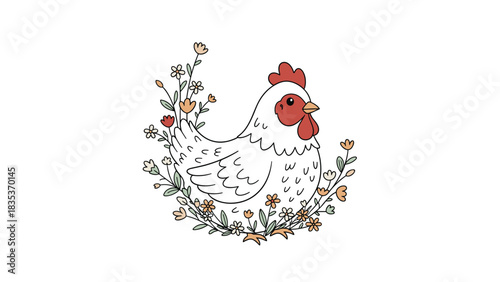 Whimsical cartoon chicken with a crown of flowers and leaves on a white background.