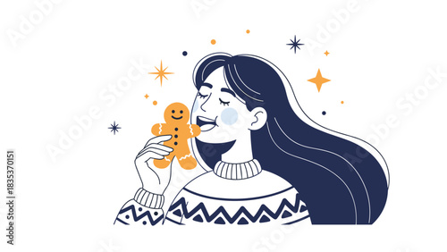 Woman with closed eyes happily eating a gingerbread cookie during winter.