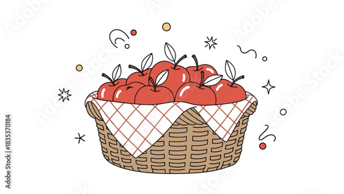 A hand drawn illustration of a basket overflowing with ripe red apples and festive decorative elements.