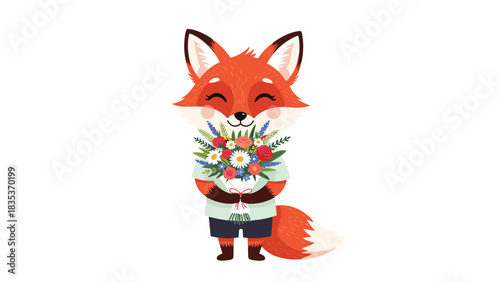 Cute cartoon fox holding a bouquet of colorful wildflowers with a happy expression.