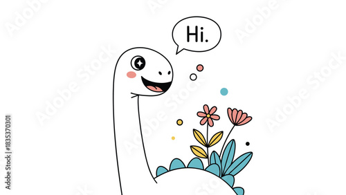 A cute cartoon white dinosaur with rosy cheeks smiles and says hi, surrounded by colorful flowers.