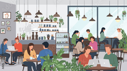 People working and socializing in a modern, plant-filled coffee shop setting.