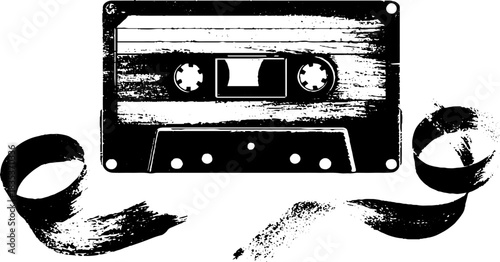 Black and white retro tape cassette stencil illustration for music-themed design