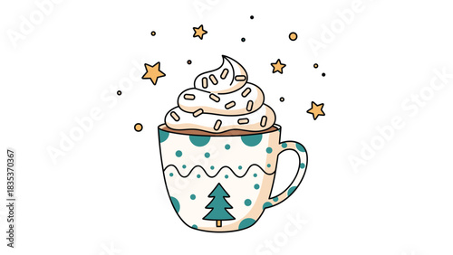 Cute cartoon mug of hot chocolate with whipped cream and sprinkles, surrounded by stars.