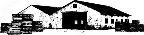 Black and white stencil of retro warehouse with wooden crates for vintage industrial design