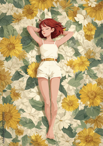 Red haired girl among sunflowers in vintage matisse style