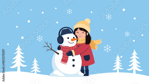 A girl in a warm hat and coat hugs a snowman wearing headphones and a scarf in a snowy landscape.