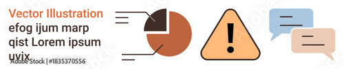 Data analysis, risk alerts, business reports, warning signals, communication, teamwork. Pie chart, triangle warning and speech bubbles. Data analysis and risk alerts concept