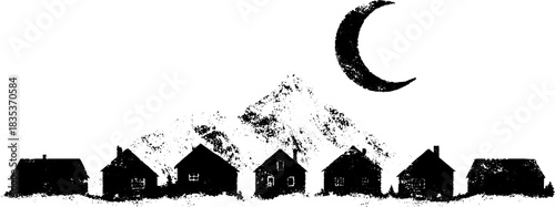 Monochrome stencil art of mountainous landscape and row of houses under crescent moon