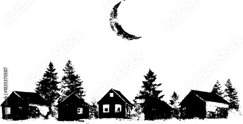 Black and white stencil of rustic houses and trees under crescent moon in night scene