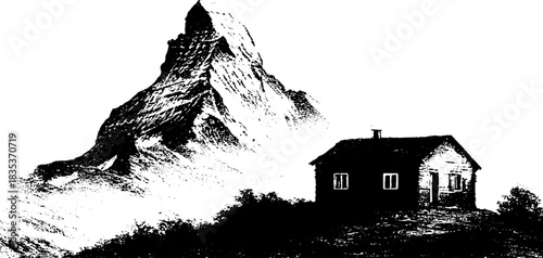Rustic mountain hut with majestic peak in black and white stencil illustration