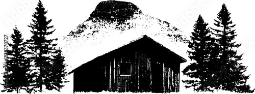 Rustic mountain hut stencil illustration with trees and mountain for nature-themed design