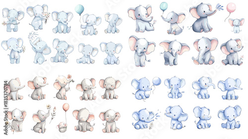 A sweet watercolor collection of baby elephants in playful poses holding balloons, sitting, dancing, and interacting. Perfect for children themes, nursery art, and adorable decorative projects.