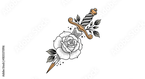 A striking traditional art piece illustrating a white rose pierced by a decorative dagger, accompanied by stylized leaves and subtle star details.