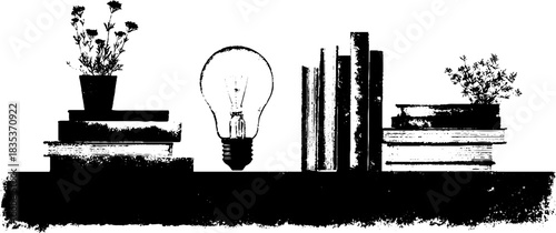 Black and white stencil of bookshelf with light bulb and plants for creative decor
