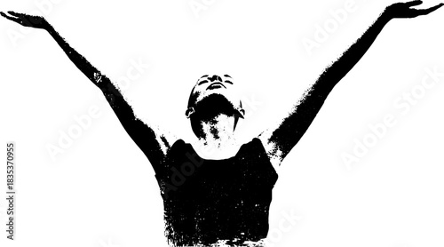 Expressive silhouette with outstretched arms in black and white stencil illustration