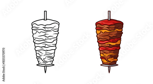 Illustration of a doner kebab or shawarma spit with layered meat, presented in both a black and white outline and a vibrant colored version.