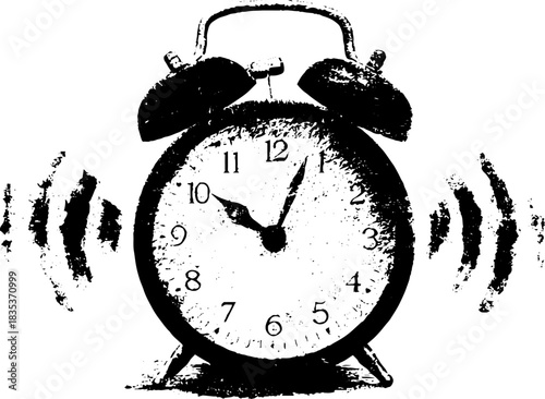 Black and white stencil illustration of a simple alarm clock design for posters or prints