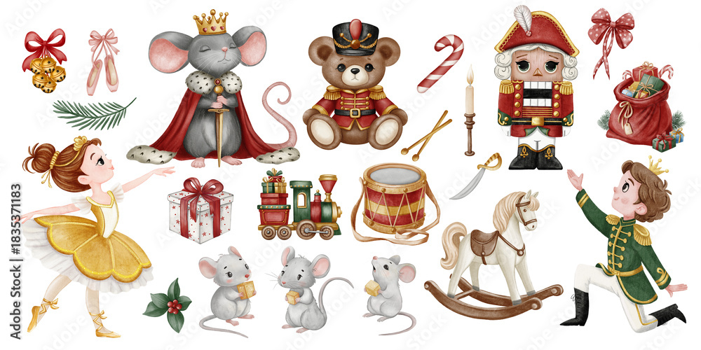Fototapeta premium Cute watercolor Nutcracker clipart set: ballerina, prince, Mouse King, toy bear, train, rocking horse, gifts and festive decor. Perfect for Christmas cards, stickers, scrapbooking and kids designs.