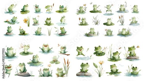 A playful watercolor collection of adorable frogs sitting, jumping, and interacting with pond plants, perfect for children designs, nature themes, and whimsical creative artwork.