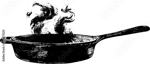 Black and white stencil illustration of a skillet with rising steam for kitchen decor