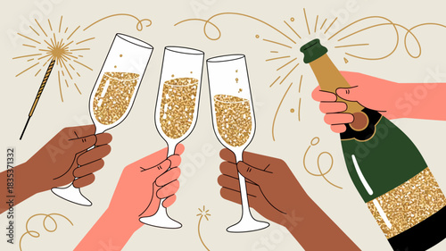 Diverse hands clinking champagne flutes and holding a champagne bottle in celebration with festive sparkles and swirls in the background perfect for holidays and special occasions