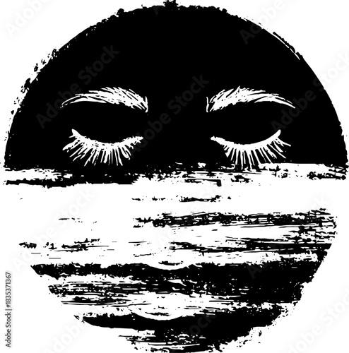 Dreamy moon silhouette with closed eyes - night sky stencil design for posters and cards